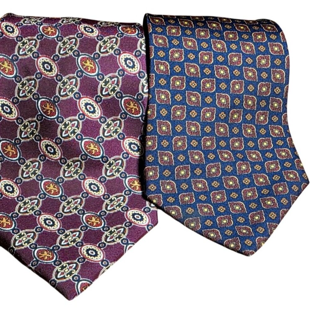 2 Vintage Neckties Tommy Hilfiger Silk‎ Geometric Patterns Burgundy & Blue Italy